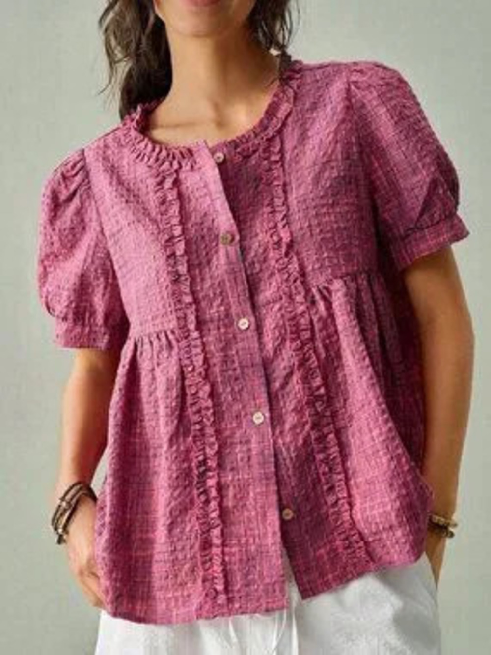 Hot Pink Cute Women's Ruffle Hollow Out Puff Sleeve Plaid Loose Cardigan Shirt